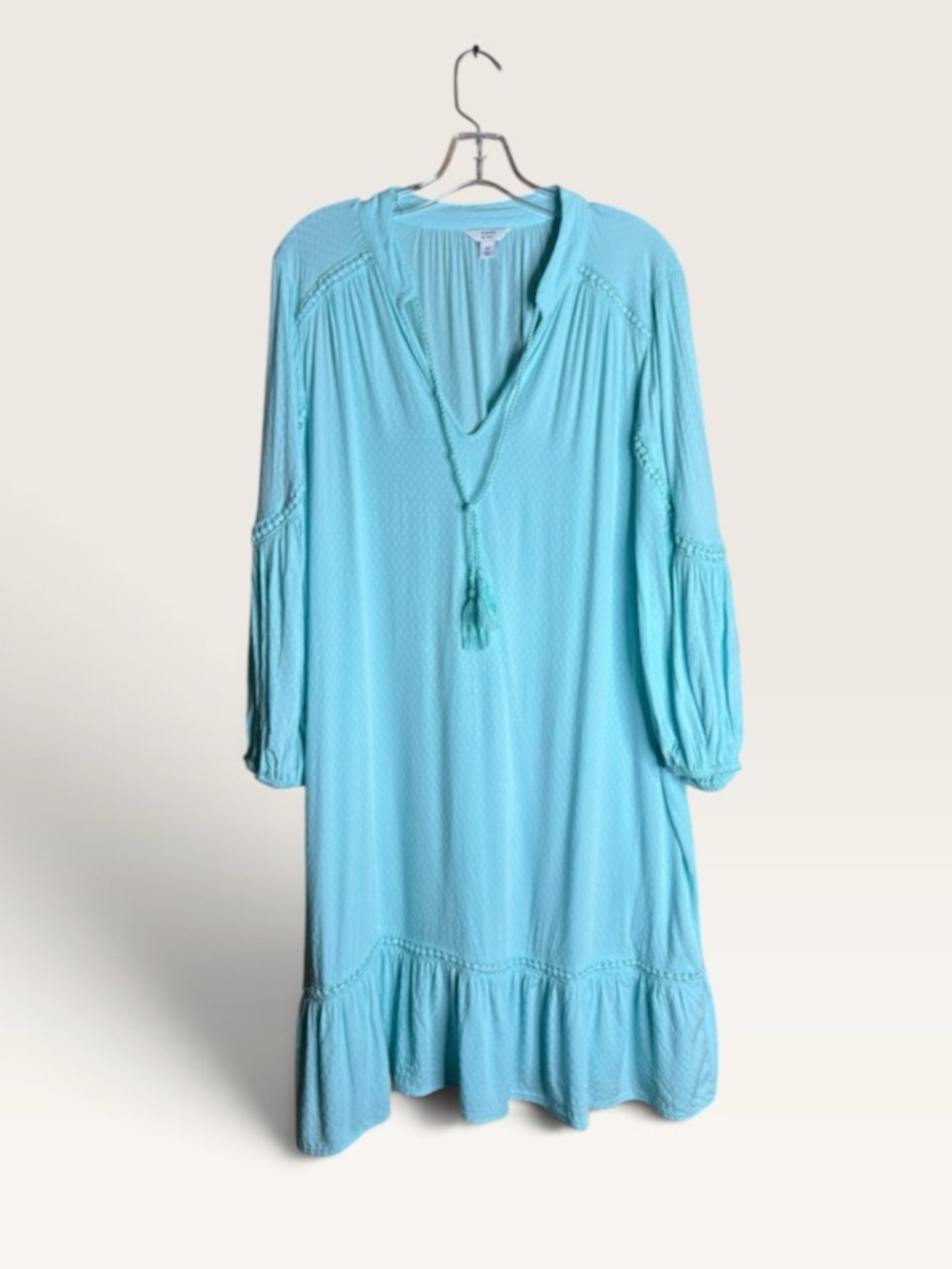 Crown & Ivy XL Seafoam Green Boho Tassel Dress Ruffle Hem Long Sleeve